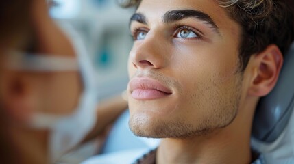 A close-up shot of a man lying down, looking relaxed while receiving a facial treatment at a spa. A beautician is attending to him in a clean and well-lit environment.