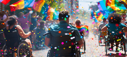 Man in wheelchair celebrating gay pride parade in crowd. A joyful crowd celebrates at a pride parade with rainbow flags, colorful confetti, and a festive atmosphere capturing a moment of LGBTQ+ 
