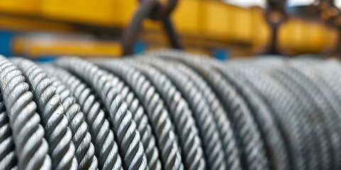 Wire ropes used for cranes automobiles lifting rigging and mooring applications. Concept Wire ropes, Crane operations, Lifting equipment, Automotive industry, Mooring techniques