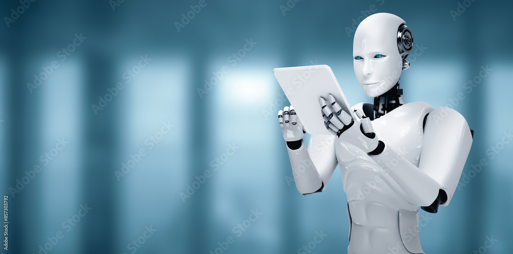 Poster mlp 3d illustration robot humanoid using tablet computer in future office while using ai thinking br