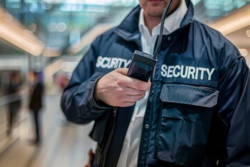 A security officer in a blue jacket with a SECURITY patch stands in an airport, holding a walkie talkie