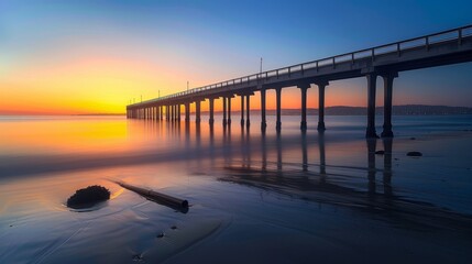 Fototapeta premium Tranquil sunset pier with silhouetted structure reflecting in calm waters and distant city skyline