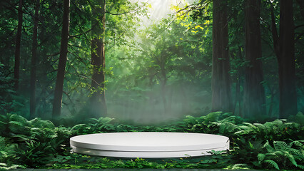 Podium background product green nature 3D forest stand white plant. Cosmetic background product podium display wood jungle studio garden beauty platform presentation mockup pedestal stone tropical 