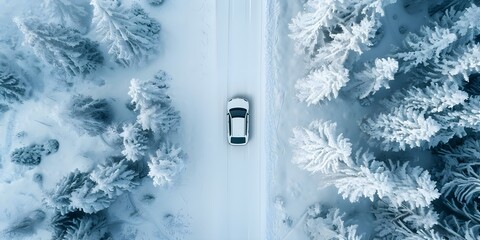 Aerial view of car driving through snowy forest at sunset. Concept Winter Photography, Snowy Landscapes, Sunset Scenes, Aerial Views, Car Drive