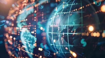 A close-up of a globe with currency symbols and economic growth lines