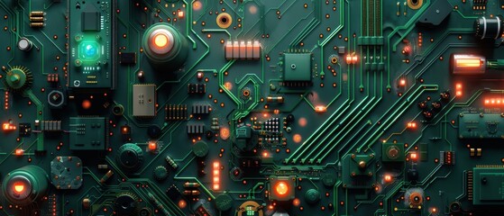 Fototapeta premium Futuristic green circuit board, detailed electronic pathways and components, white background, copy space