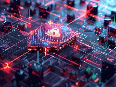 An abstract concept art of a blockchain shield protecting patient data with digital locks and keys surrounding confidential records symbolizing the unbreakable security and privacy offered by