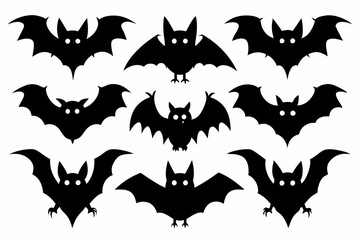 Halloween bat set. Black silhouette Halloween bat vector illustration, set of halloween bats

