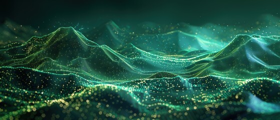 Fototapeta premium Futuristic green digital landscape, holographic data streams and interface elements, dark background, copy space