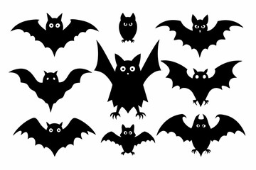 Halloween bat set. Black silhouette Halloween bat vector illustration, set of halloween bats