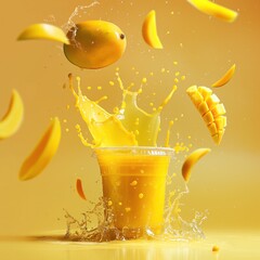 commercial product advertising for mango juice in a plastic cup with splashing juice and fruits