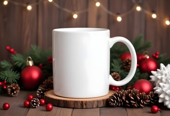 Coffee mug mockup with Christmas decorations on the wooden table AI Generated