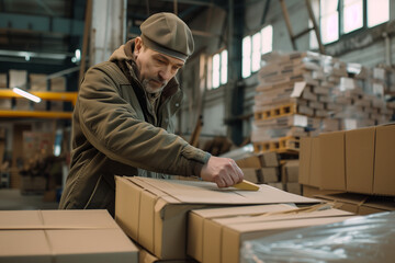 Male warehouse worker sealing cardboard boxes, showcasing efficient packaging and shipping processes in an industrial setting