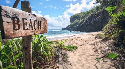 Board with beach sign and tropical sea