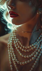 A close-up of a woman wearing pearl necklaces and red lipstick illuminated by warm light