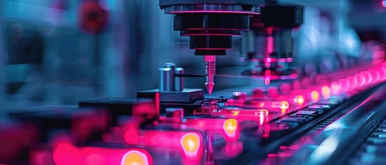 Automated machinery with pink lights,  a close-up of the industrial production line.