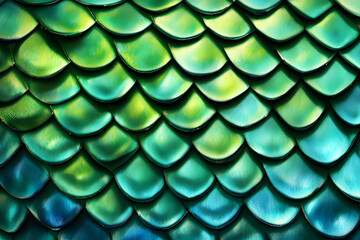 A close-up photo showcases a fantastical texture of shimmering scales in shades of emerald green, sapphire blue, and metallic accents.