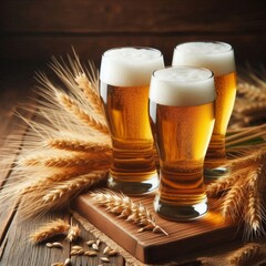 Glasses of light beer with spikelets of barley on the wooden background.  Copy space for text