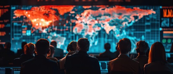 Geopolitical risk assessment with analysts, large screens with maps and data