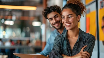 A group of young professionals in a modern office are seen smiling and interacting positively, reflecting a thriving and dynamic work environment filled with creativity and collaboration.