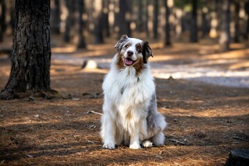 Happy Australian Shepherd dog sitting in a forest with sunlight filtering through the trees.