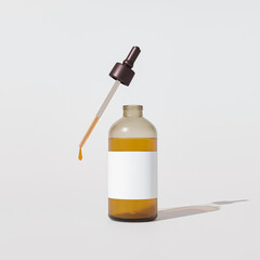 Bottle with oil serum. Rejuvenating essence liquid retinol. 3d render illustration. Oppened glass dropper bottle with a pippette. Organic bio Spa Cosmetics, skincare product. 