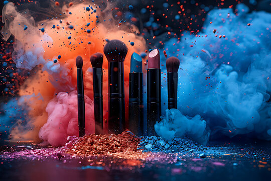 Cosmetic brush with purple and blue ocean cosmetic powder spreading for makeup artist or graphic design in black background, look like a lively and joyful
