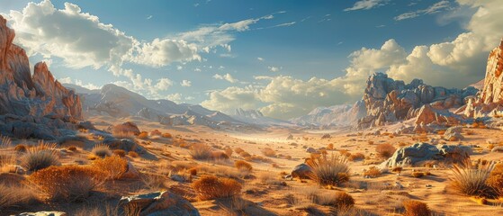 Golden desert with dramatic shadows and rocky formations