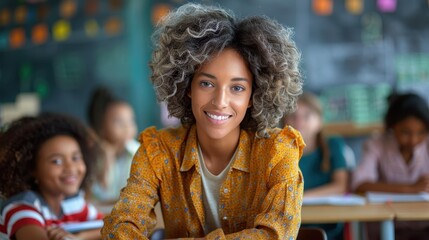 A joyful teacher wearing a yellow-patterned shirt sits in a classroom, fostering an enthusiastic learning environment among students engaged in their studies.