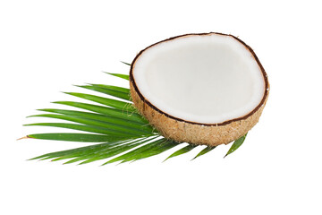 the fresh ripe coconut and green leaf isolated transparent