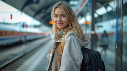Fototapeta premium A woman stands on a station platform with a train in the background, smiling and ready for a journey, embodying the spirit of modern travel and urban exploration.