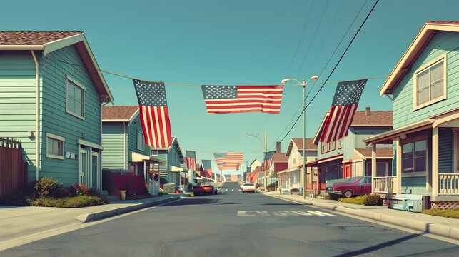 American Neighborhood Block Party with Hanging Flags in Minimalist Art