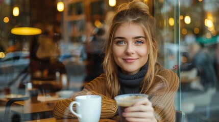 A woman wearing a warm jacket sits in a cozy café, engaging with her coffee while smiling pleasantly, creating a comfortable and heartwarming scene.