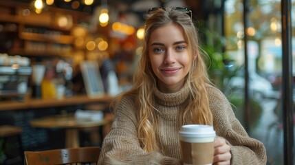 A woman sits at a table, smiling while holding a cup of coffee in a cozy café, surrounded by modern decor and a pleasant café ambiance.