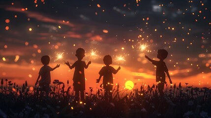 Fototapeta premium Children Holding Sparklers at Dusk in Minimalist 3D Artwork