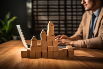 Businessman building a tower of wooden blocks with laptop on desk in office
