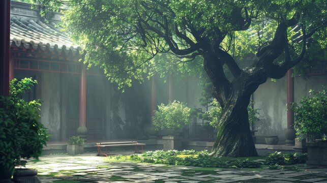Han dynasty wealthy family courtyard with stone benches under big tree in 2.5d chinese setting