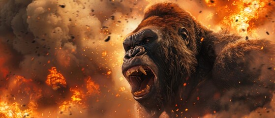 Gorilla roaring with blazing explosions in the background, showcasing raw power and fierce nature