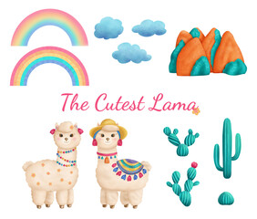 Set of elements. Lamas, rainbow, clouds, mountains, cacti.