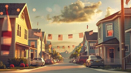 Neighborhood Block Party with Hanging American Flags in Minimalist