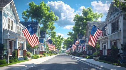 Neighborhood Block Party with Waving American Flags in Minimalist Art