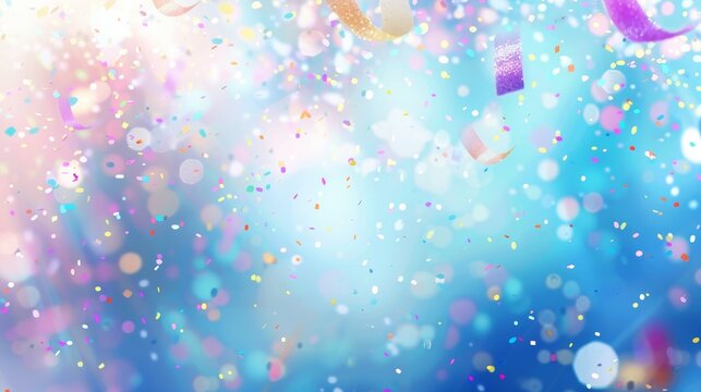 Colorful confetti on blurred blue backdrop, festive atmosphere with text space, high def image