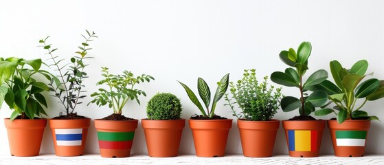 Green leafy plants in terracotta pots, each pot featuring a different country flag, 8k uhd, bright natural light, white background, ample copy space