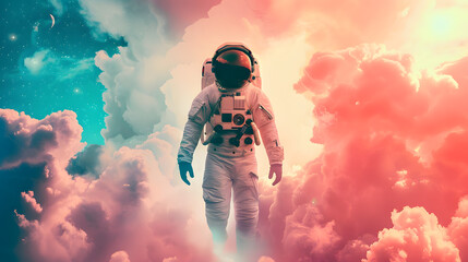 Astronauts stand on various stars,their suits reflecting the brilliance distant galaxies as they explore the vastness of outer space, embodying humanity's enduring quest for exploration and discovery