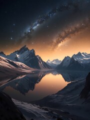 A magical landscape of snow-dusted trees and a frozen river under a mesmerizing starry sky, capturing the essence of a winter wonderland.