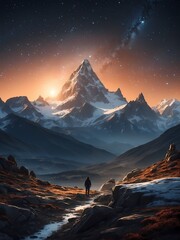 A snow-covered trail leads into a mysterious forest under a starry night sky, beckoning the adventurer within.