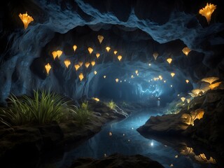 A magical landscape of snow-dusted trees and a frozen river under a mesmerizing starry sky.