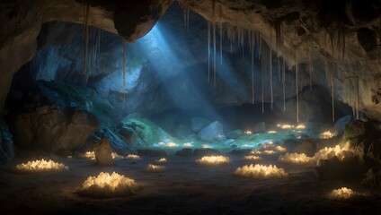 A winding trail through a snow-laden forest leads towards a tranquil clearing bathed in moonlight.
