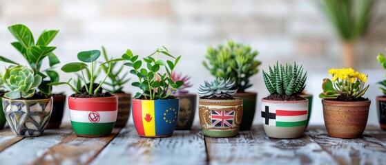 Green plants in pots featuring various flags, 8k uhd, isolated on white, plenty of room for text