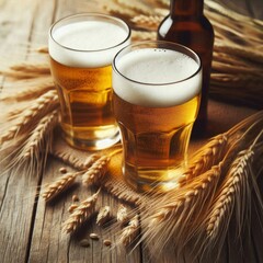 Glasses of light beer with spikelets of barley on the wooden background.  Copy space for text